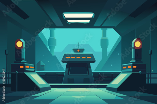Futuristic sci fi control room with blue and teal tones