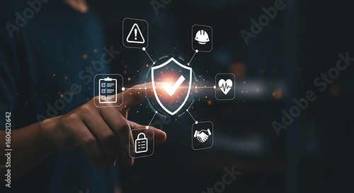 A person is touching a digital shield with a checkmark and other safety icons floating around it