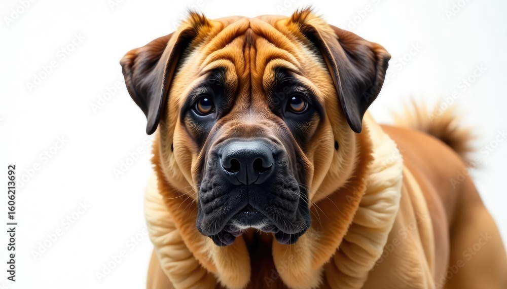 Fototapeta premium Imposing mastiff, intense gaze, pure white backdrop, noble, powerful jaw, large