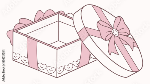 Open gift box with pink ribbon and hearts vector illustration for birthday present and special occasion 100