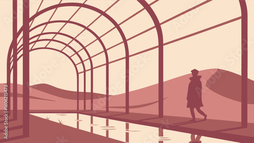 Desert landscape illustration with tunnel architecture and walking figure art design concept vector graphic