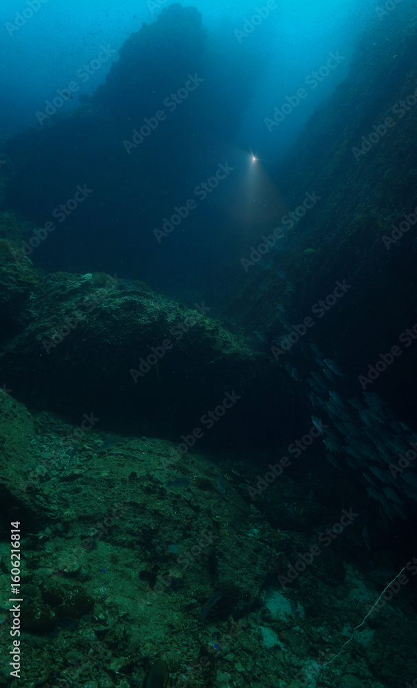 Fototapeta premium Underwater photograpy of mountain and dramatic landscape. From a scuba dive at Chumphon marine park in Thailand.