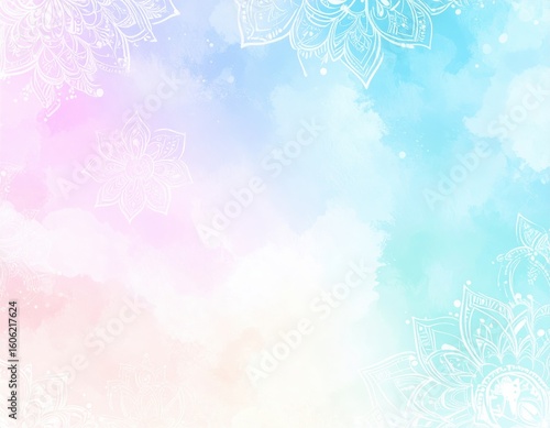 Pastel Watercolor Texture with White Mandala Floral Border Design.