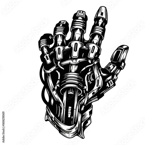 Detailed Vector Illustration of a Black and White Robotic Hand Design Concept