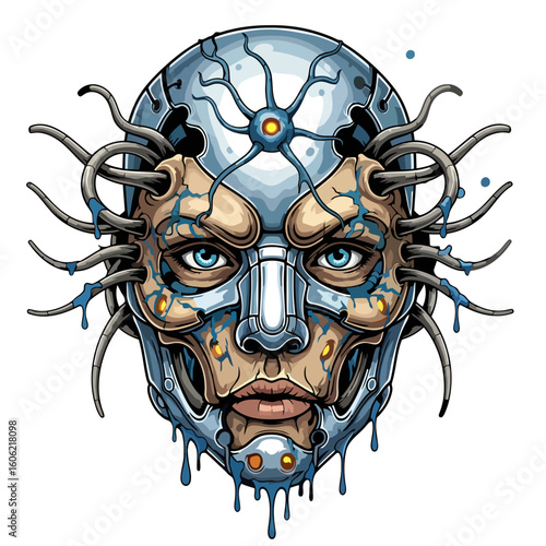 Intricate cybernetic face mask artwork showcasing a fusion of technology and humanity