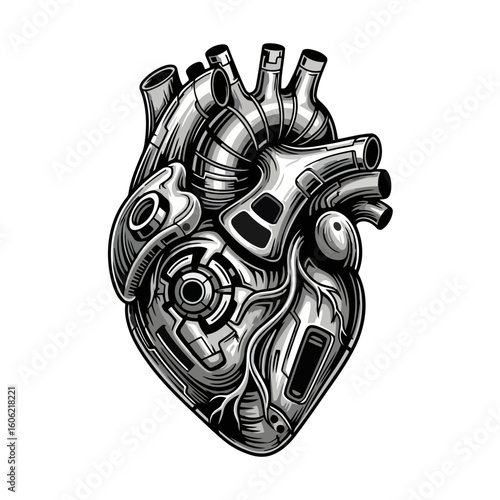 Detailed monochrome mechanical heart artwork showcasing intricate engineering and design