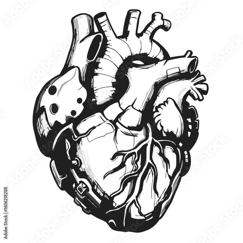 Detailed Anatomical Heart Illustration in Black and White for Medical Purposes
