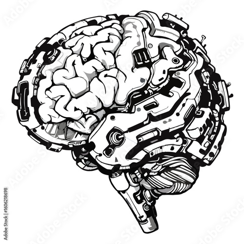 Mechanical mind: Detailed illustration of a robotic brain concept in black and white