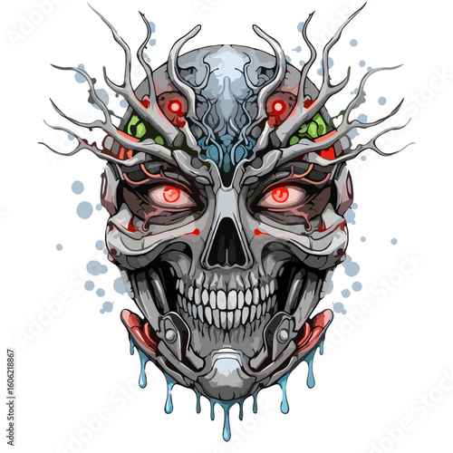 Intricate cybernetic skull artwork with robotic elements and organic branch details