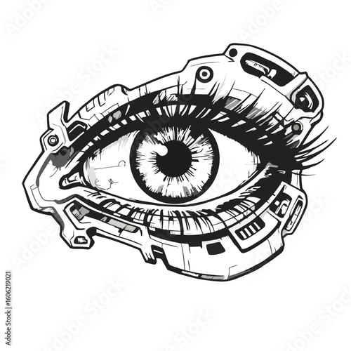 Futuristic eye illustration with cybernetic enhancements in black and white style