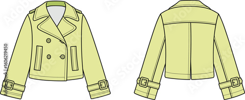 Cad drawing flat vector illustration of cropped double breasted trench coat jacket, front and back view, with buckle sleeve detail