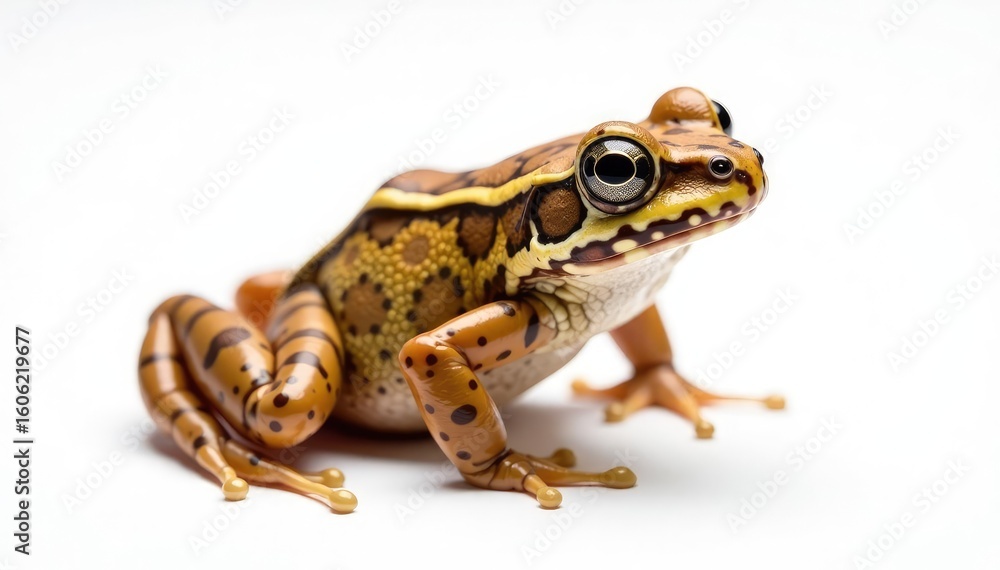 Fototapeta premium Single speckled brown frog on pure white backdrop, reptile, wildlife photography, fauna