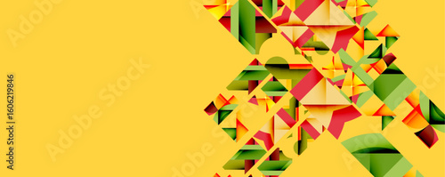 Abstract geometric shapes, vibrant colors dominate right side. Yellow background provides contrast, modern design element.
