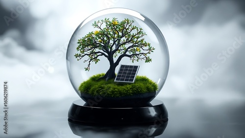 A tree and solar panel inside a glass globe on a black base with a cloudy background environment view
