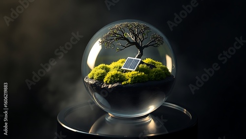 A bonsai tree and a solar panel inside of a glass terrarium on a reflective surface in low light