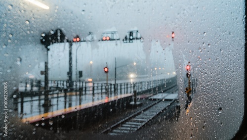 A rainy day view from train window, showing a train station and train tracks, the scene is seen through the rain-streaked window. 