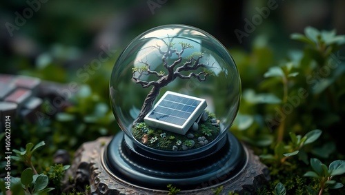 A solar panel and a small tree inside a glass globe on a mossy surface in a green environment