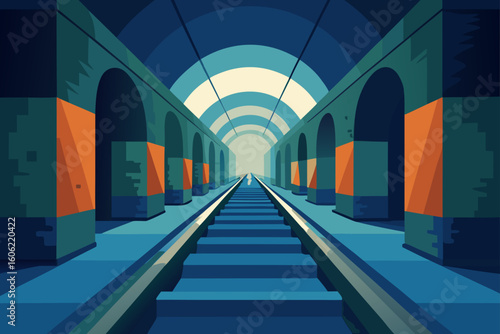 Stylized train station with arches and sunlight