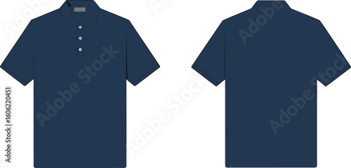 Cad drawing flat vector illustration of navy blue polo shirt front and back views, short sleeve casual top, fashion garment design, apparel sketch