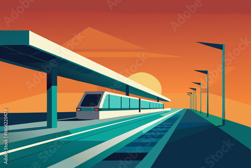 Modern train station with sleek train and orange sky