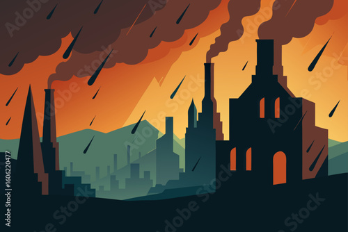Apocalyptic cityscape with meteor shower and orange sky