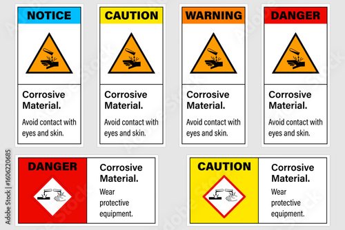 Corrosive sign. Chemical hazard icon. Corrosive Material Symbol. Notice, Caution, Warning and Danger Corrosive sign.