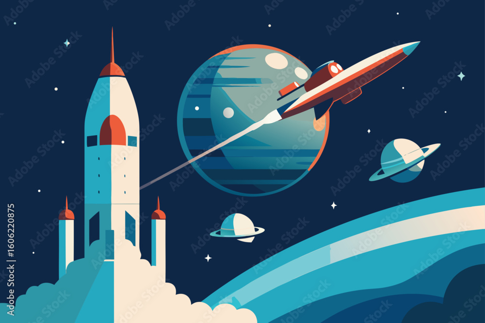 Fototapeta premium Retro spaceport with rocket launch and spaceship in orbit