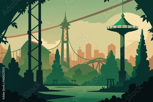 Mysterious jungle towers and suspension bridge at sunset