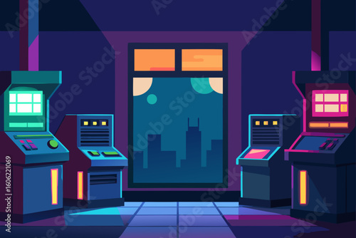 Retro arcade hall with futuristic sunset view