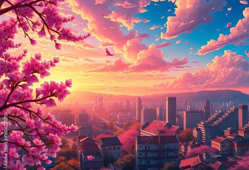 Vibrant anime cityscape at sunset, cherry blossoms falling, anime,  fantasy