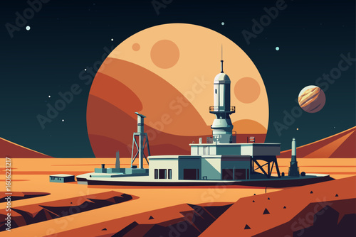 Martian colony with rocket launch pad and large planet overhead