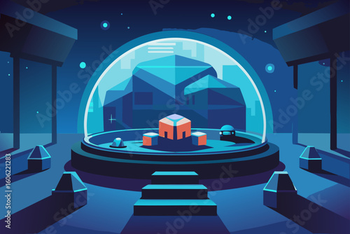 Futuristic dome with control pod and sci fi landscape
