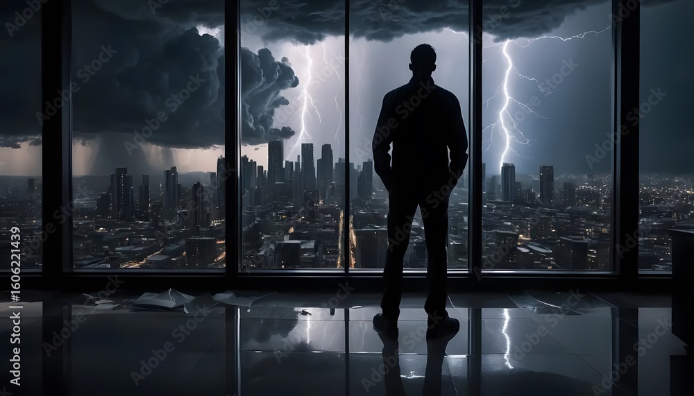 Fototapeta premium Man silhouette looking at city skyline during thunderstorm lightning strike view indoors