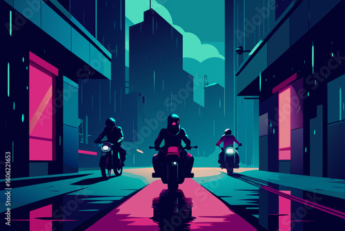 Three motorcyclists ride through a neon lit city street at night