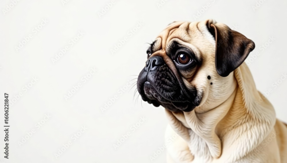 Obraz premium Wrinkled pug, side profile, ears flopped over, white backdrop, white, purebred, nose