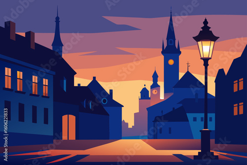 Enchanting european cityscape at dusk with glowing streetlights