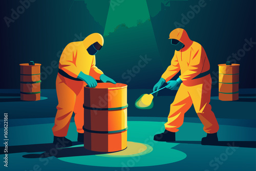 Hazmat workers in protective suits handle barrels in a dimly lit environment