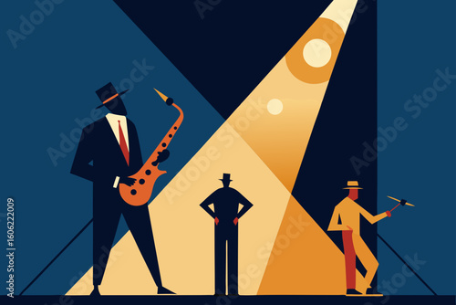 Jazz musicians performing under stage lights