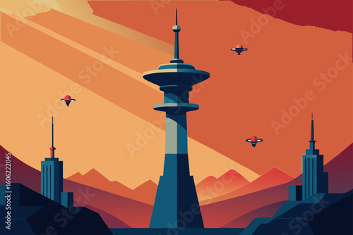 Futuristic lighthouse cityscape at sunset with flying vehicles