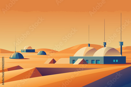Futuristic martian base under an orange sky