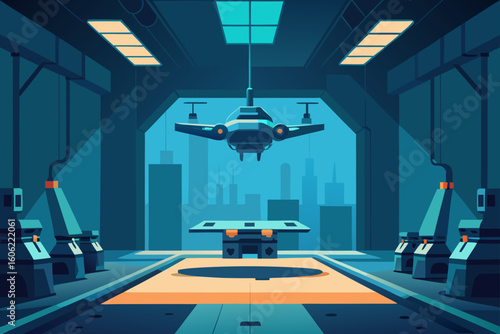 Futuristic drone docking bay with neon accents and cityscape view