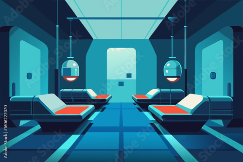 Futuristic medical bay with cryo pod and diagnostic equipment