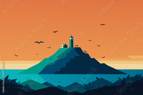 Serene sunset over a mystical island with ancient ruins and soaring birds