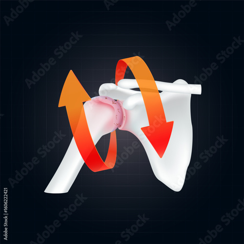 Arthritis and osteoarthritis. Red rotating arrow around shoulder joint cartilage inflammation on dark background. Human arm skeleton anatomy. For design medical or scientific treatments. Vector EPS10.