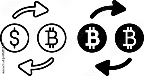 Cryptocurrency Exchange: USD to Bitcoin Conversion Icons,  Modern Line Art and Bold Styles, Financial Transaction Concept.