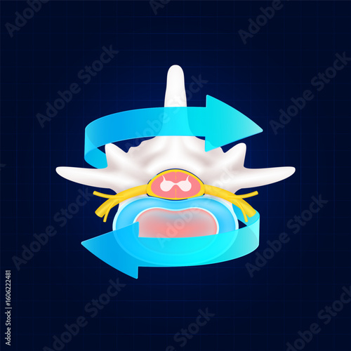 Healthy disc. Blue rotating arrow around vertebra joint cartilage on dark background. Strong human spinal anatomy. For design medical or scientific treatments. Vector EPS10.