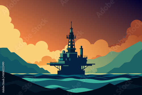 Oil rig silhouette against dramatic sunset sky and ocean waves