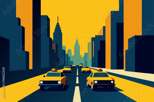 New york city street scene with yellow taxis and iconic skyline