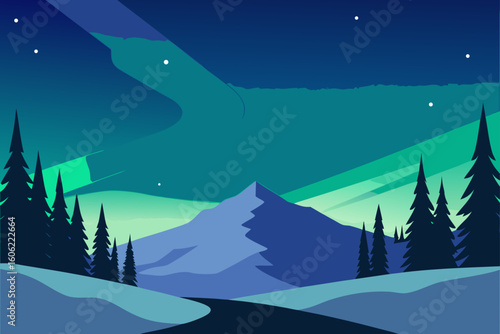 Winter landscape with aurora borealis and pine trees