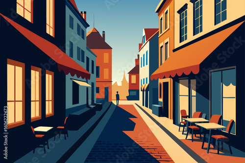 Stylized european street scene at dusk